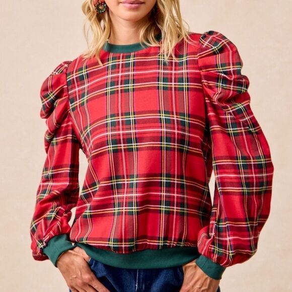 BiBi Christmas Plaid Puffy Shoulder Long Sleeves Top sz XL - Picture 10 of 17